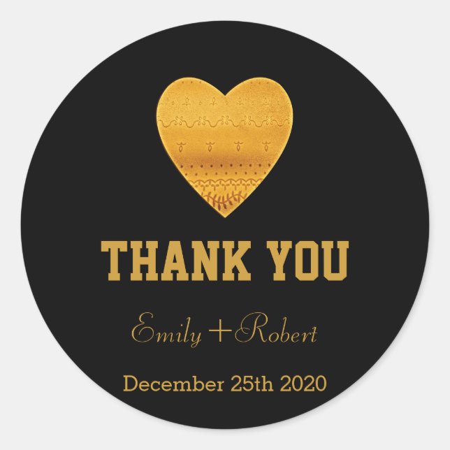 Pegatina Redonda Moderno Relieve metalizado Faux Gold Heart Boda Gr (Anverso)