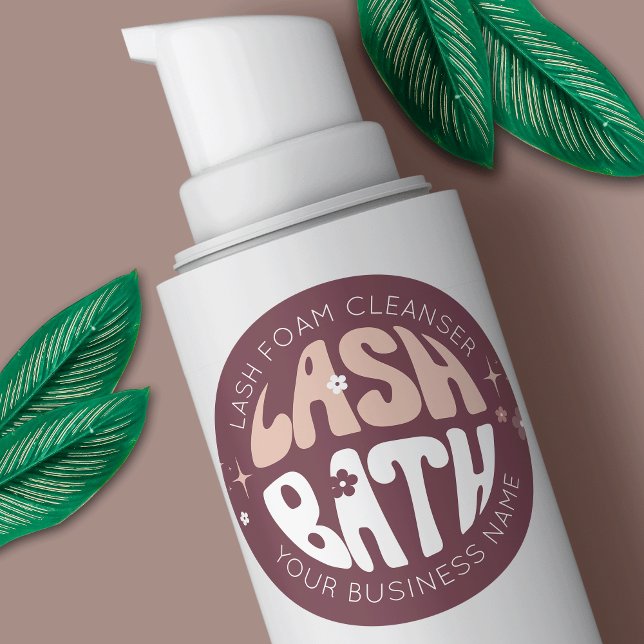 Pegatina Redonda Moderno Retro Groovy Eyelash Cleanser Bath (Lash cleanser packaging stickers featuring retro fonts and a modern groovy design)