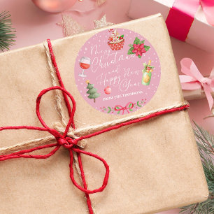Pegatina Redonda Moderno rosa festivo Feliz Navidad y Año Nuevo