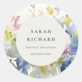 Pegatina Redonda Moderno Rubor Lilac Watercolor Rosa Floral Busines