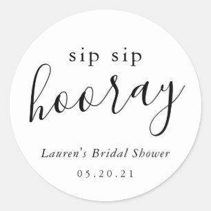 Pegatina Redonda Moderno Sip Sip Blanco Negro Hooray Bridal Shower