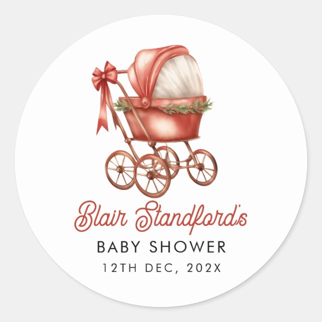 Pegatina Redonda Moderno Stroller Merry Pequeños Navidades Baby Sho (Anverso)