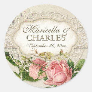 Pegatina Redonda Moderno té de encaje vintage con hidrangea en Rosa