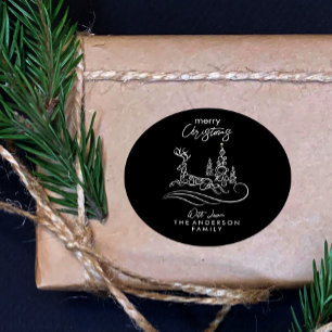 Pegatina Redonda Moderno y elegante árbol de navidad y reno