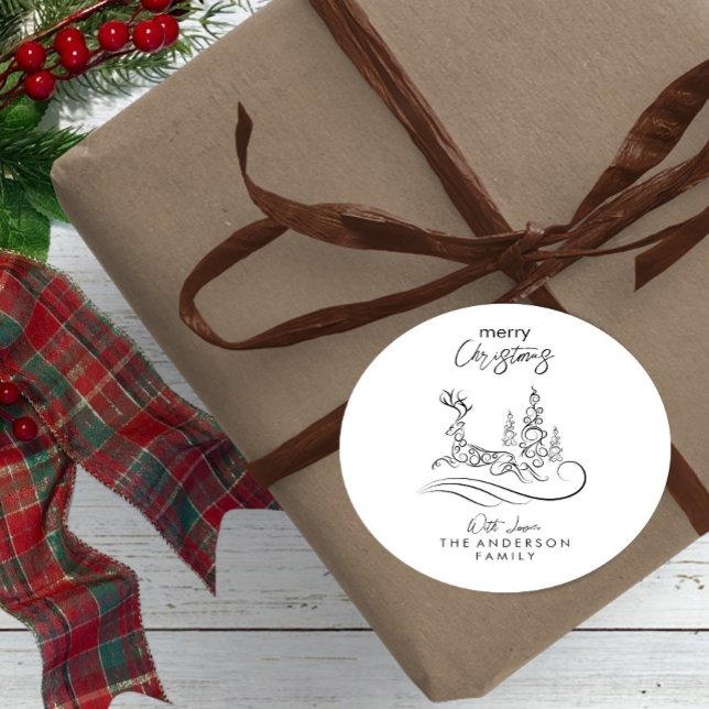 Pegatina Redonda Moderno y elegante árbol de navidad y reno (Subido por el creador)