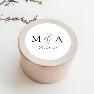 Pegatina Redonda Moderno y elegante Boda de Monograma Blanco y Negr