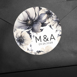 Pegatina Redonda Moderno y elegante Boho Boda floral blanco negro