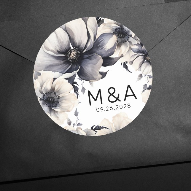 Pegatina Redonda Moderno y elegante Boho Boda floral blanco negro (Modern Elegant Boho Floral Black White Wedding Classic Round Sticker)