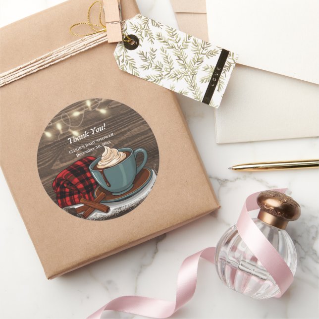 Pegatina Redonda Moderno y rústico cocoa caliente Baby Shower acoge (Regalar)