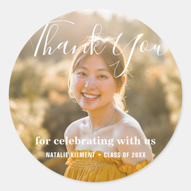 Pegatina Redonda Moderno y simple Gracias Graduación De Foto (Anverso)