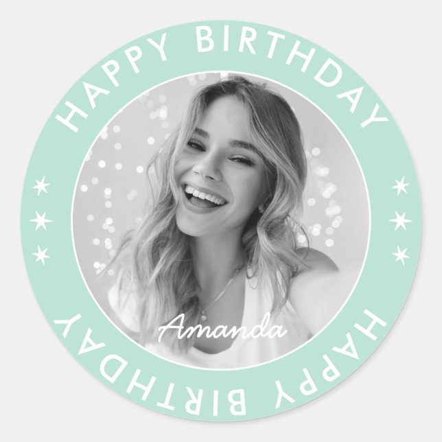 Pegatina Redonda Moderno y simple Pastel Aqua Happy Birthday Photo (Anverso)