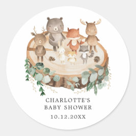 Pegatina Redonda Modernos animales de Woodland Greenery Baby Shower