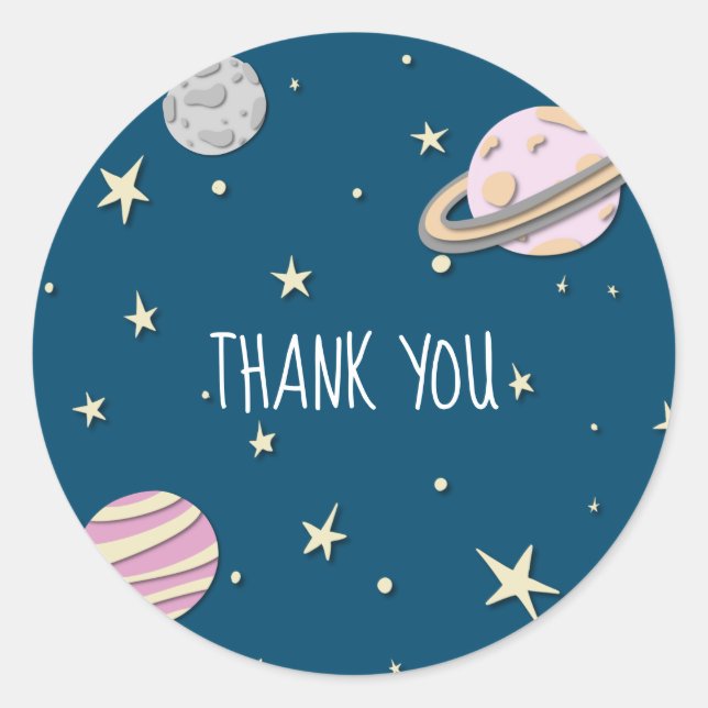Pegatina Redonda Modernos planetas espaciales rosados estrellas de  (Anverso)