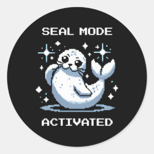 Pegatina Redonda Modo de Foca Activado Arte de Píxeles Foca Estilo 