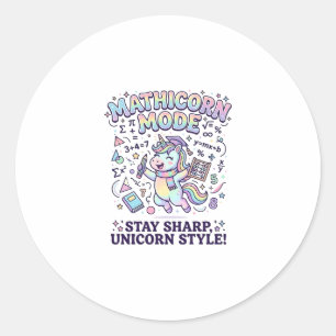 Pegatina Redonda Modo Unicornio Mathicorn Encantador Fondo Blanco D