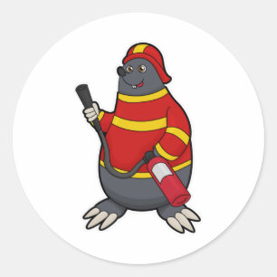 Pegatina Redonda Mole como bombero con extintor de incendios