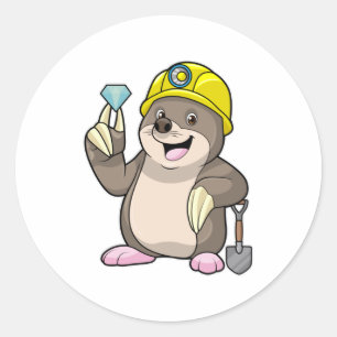 Pegatina Redonda Mole como minero con pala y diamante