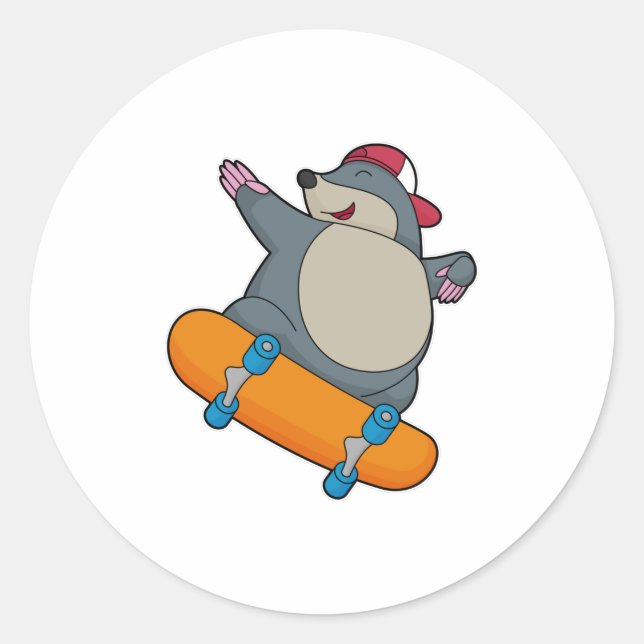 Pegatina Redonda Mole como Skater con Skateboard (Anverso)