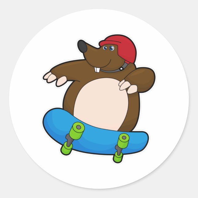 Pegatina Redonda Mole como Skater con Skateboard y Helmet (Anverso)