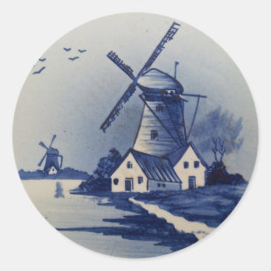 Pegatina Redonda Molino de viento azul vintage Delft