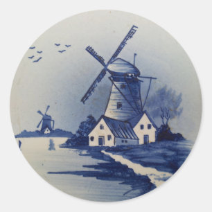 Pegatina Redonda Molino de viento azul vintage Delft