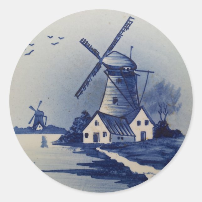 Pegatina Redonda Molino de viento Delft azul vintage (Anverso)