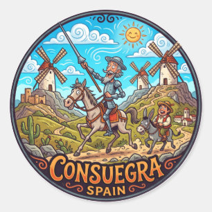 Pegatina Redonda Molinos de viento de Consuegra y Don Quijote Españ