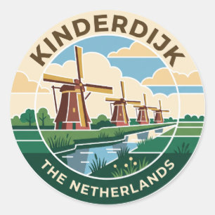 Pegatina Redonda Molinos de viento de Kinderdijk Países Bajos