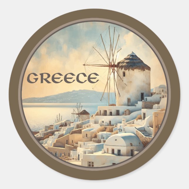 Pegatina Redonda Molinos de viento de Mykonos (Anverso)