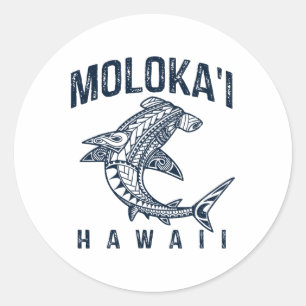 Pegatina Redonda Molokai Hawaii Tril Tiburón Polinesio Hawaiano Pla