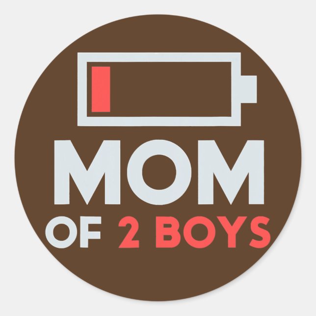 Pegatina Redonda Mom Of 2 Boys Low Battery Tired Mom With Son (Anverso)