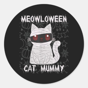 Pegatina Redonda Momia de Gato Negro Halloween