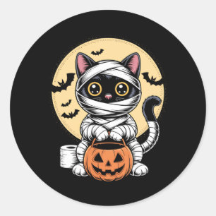 Pegatina Redonda Momia de Gato Negro Hombres Mujeres Niños Hallowee