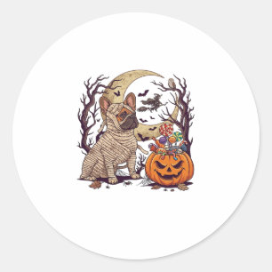 Pegatina Redonda Momia de Halloween Bulldog Francés Calabaza Carame
