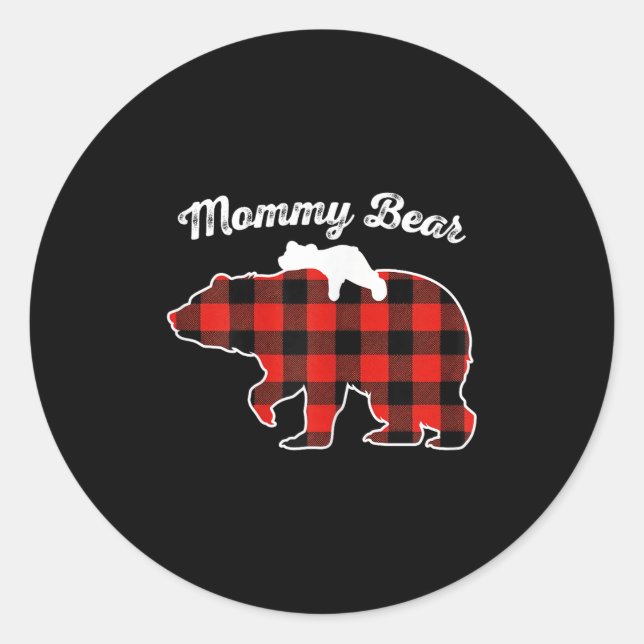 Pegatina Redonda Mommy Bear Flannel Red Plaid Pajama Family Matchin (Anverso)