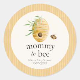 Pegatina Redonda Mommy To Bee Striped Yellow Honey Bee Baby Shower