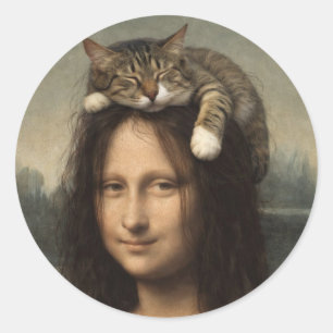 Pegatina Redonda Mona Lisa con gato dormido