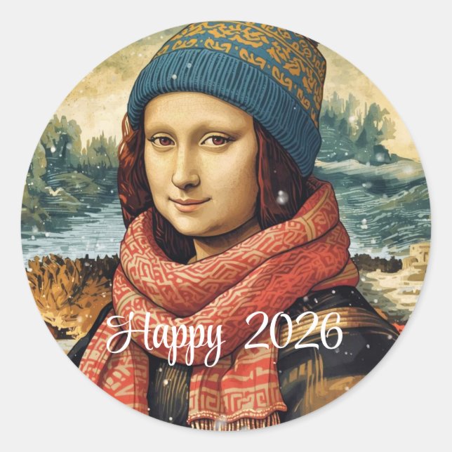 Pegatina Redonda Mona Lisa con gorro - Feliz 2026 (Anverso)