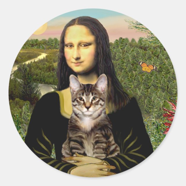 Pegatina Redonda Mona Lisa - Gato del tigre de Tabby Marrón (Anverso)