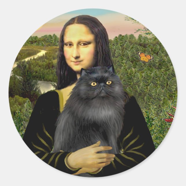 Pegatina Redonda Mona Lisa - gato persa (negro) (Anverso)