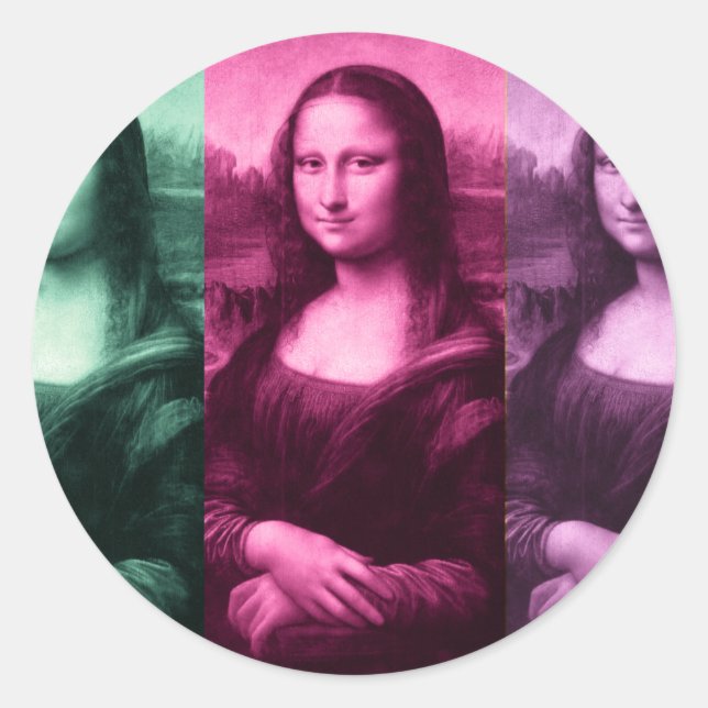 Pegatina Redonda Mona Lisa Púrpura Rosa Verde (Anverso)
