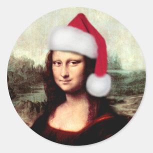 Pegatina Redonda Mona Lisa Sombrero de Santa Navidad