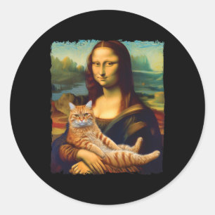 Pegatina Redonda Mona Lisa sosteniendo un retrato de gato pintando 