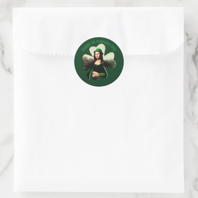Pegatina Redonda Mona Lisa St. Patrick's Day Clover (Bolso)