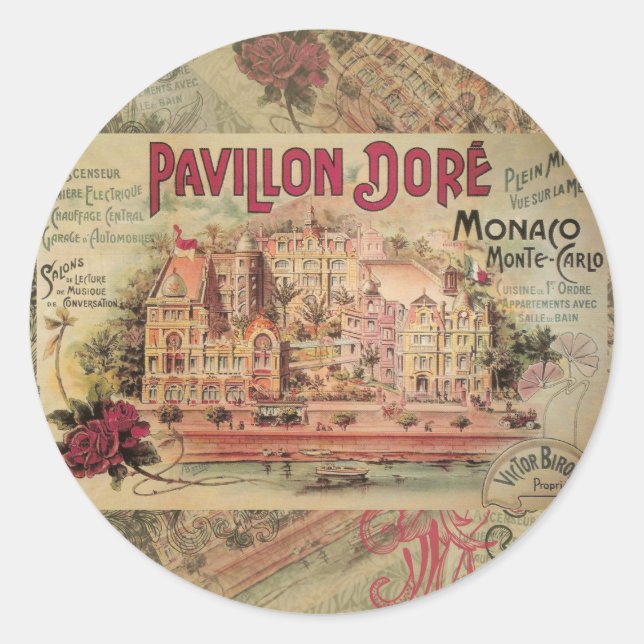 Pegatina Redonda Monaco Fancy Vintage Riviera Francesa (Anverso)