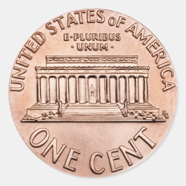 Pegatina Redonda Moneda de 1 céntimo de moneda de cobre en el monum (Anverso)