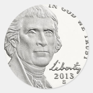 Pegatina Redonda Moneda de cinco centavos de Thomas Jefferson