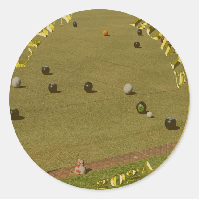 Pegatina Redonda Moneda Golden Lawn Bowls 2024, (Anverso)
