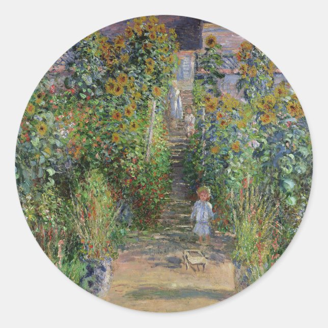 Pegatina Redonda Monet Garden Vetheuil Impresionim Pintura (Anverso)