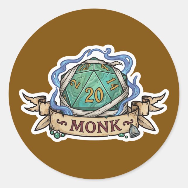 Pegatina Redonda Monk D20 Class Crest Sticker - Funny D&D Monk Dice (Anverso)